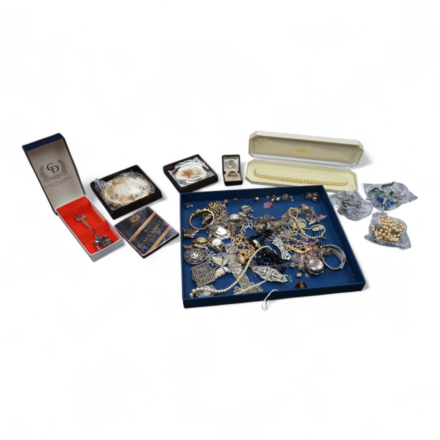 A quantity of assorted costume and other jewellery, including filigree white metal bracelet, paste cluster set clip brooch, Scottish silver twin hearts brooch, etc., together with four assorted lady's wrist watches.